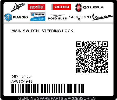 Product image: Aprilia - AP8104941 - MAIN SWITCH  STEERING LOCK  0