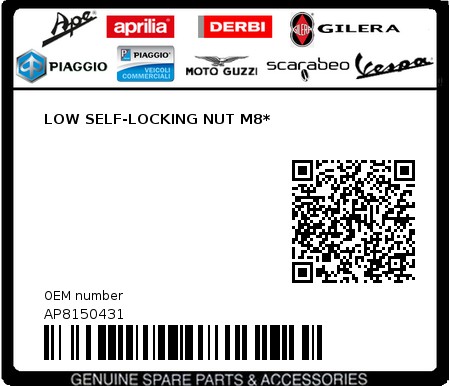 Product image: Aprilia - AP8150431 - LOW SELF-LOCKING NUT M8*  0