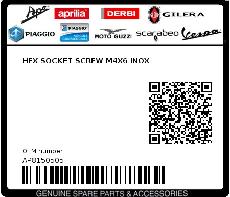Product image: Aprilia - AP8150505 - HEX SOCKET SCREW M4X6 INOX  0