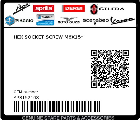Product image: Aprilia - AP8152108 - HEX SOCKET SCREW M6X15*  0