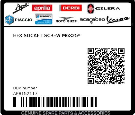 Product image: Aprilia - AP8152117 - HEX SOCKET SCREW M6X25*  0