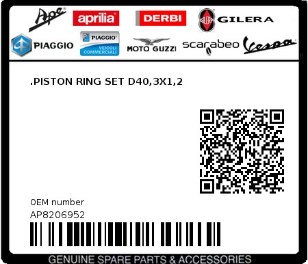 Product image: Aprilia - AP8206952 - .PISTON RING SET D40,3X1,2  0