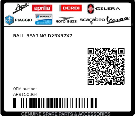 Product image: Aprilia - AP9150364 - BALL BEARING D25X37X7  0