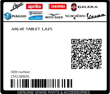 Product image: Aprilia - CM238806 - .VALVE TABLET 1,625  0