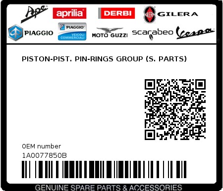 Product image: Piaggio - 1A0077850B - PISTON-PIST. PIN-RINGS GROUP (S. PARTS)  0