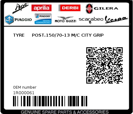 Product image: Piaggio - 1R000061 - TYRE     POST.150/70-13 M/C CITY GRIP  0