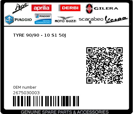 Product image: Piaggio - 2675030003 - TYRE 90/90 - 10 S1 50J  0