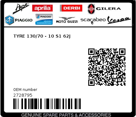 Product image: Piaggio - 2728795 - TYRE 130/70 - 10 S1 62J  0