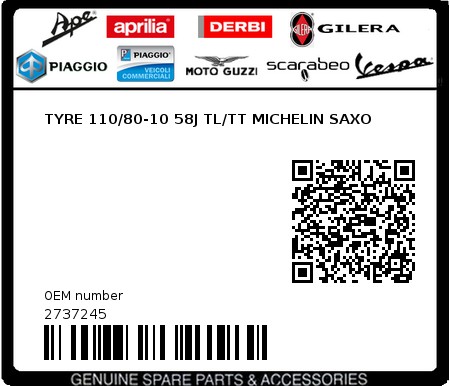 Product image: Piaggio - 2737245 - TYRE 110/80-10 58J TL/TT MICHELIN SAXO  0