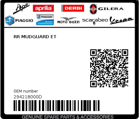 Product image: Piaggio - 294218000D - RR MUDGUARD ET  0