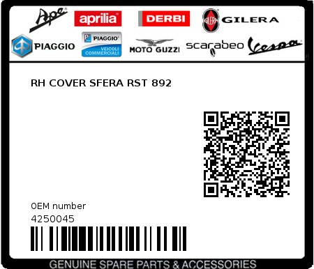 Product image: Piaggio - 4250045 - RH COVER SFERA RST 892  0