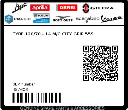 Product image: Piaggio - 497606 - TYRE 120/70 - 14 M/C CITY GRIP 55S  0
