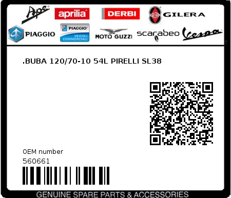 Product image: Piaggio - 560661 - .BUBA 120/70-10 54L PIRELLI SL38  0
