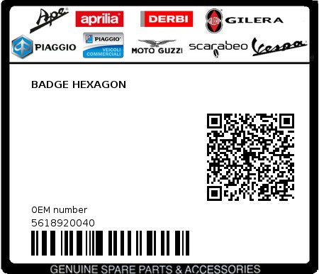 Product image: Piaggio - 5618920040 - BADGE HEXAGON  0