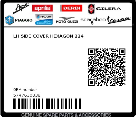 Product image: Piaggio - 5747630038 - LH SIDE COVER HEXAGON 224  0