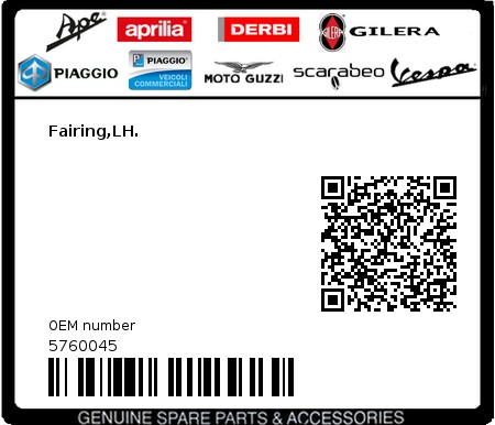 Product image: Piaggio - 5760045 - Fairing,LH.  0