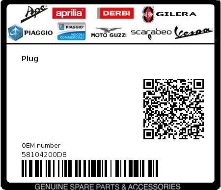 Product image: Piaggio - 58104200D8 - Plug  0
