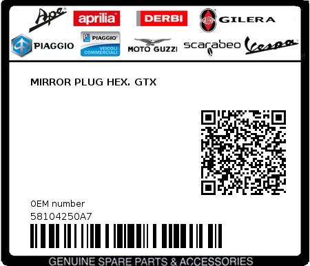 Product image: Piaggio - 58104250A7 - MIRROR PLUG HEX. GTX  0