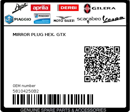 Product image: Piaggio - 58104250B2 - MIRROR PLUG HEX. GTX  0