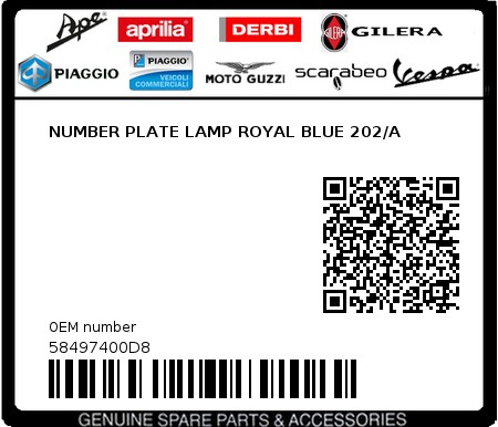 Product image: Piaggio - 58497400D8 - NUMBER PLATE LAMP ROYAL BLUE 202/A  0