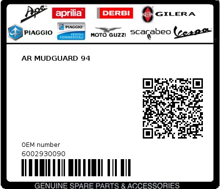 Product image: Piaggio - 6002930090 - AR MUDGUARD 94  0