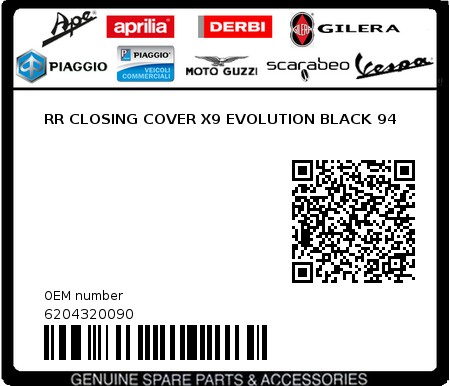 Product image: Piaggio - 6204320090 - RR CLOSING COVER X9 EVOLUTION BLACK 94  0