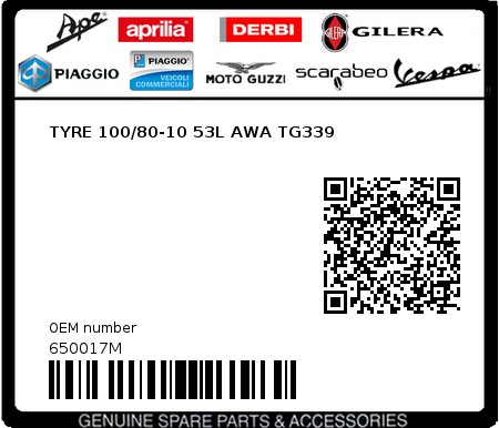 Product image: Piaggio - 650017M - TYRE 100/80-10 53L AWA TG339  0