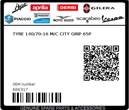 Product image: Piaggio - 666317 - TYRE 140/70-16 M/C CITY GRIP 65P  0
