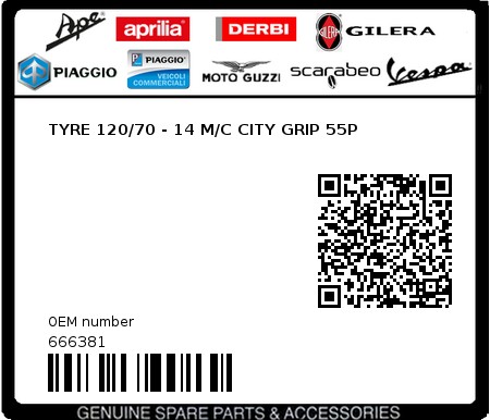Product image: Piaggio - 666381 - TYRE 120/70 - 14 M/C CITY GRIP 55P  0