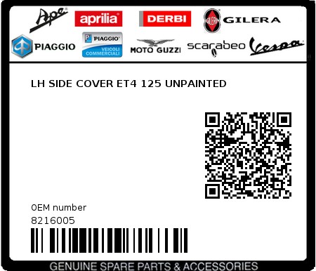 Product image: Piaggio - 8216005 - LH SIDE COVER ET4 125 UNPAINTED  0