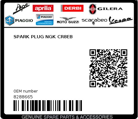 Product image: Piaggio - 8288665 - SPARK PLUG NGK CR8EB  0