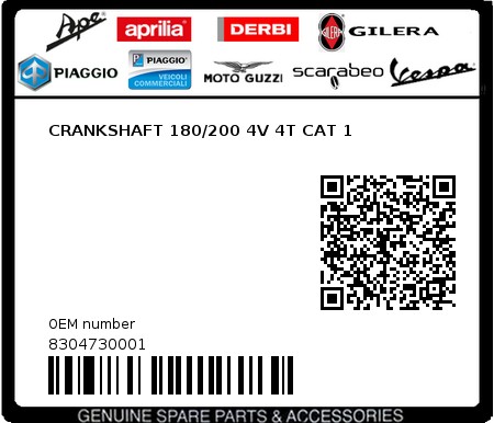 Product image: Piaggio - 8304730001 - CRANKSHAFT 180/200 4V 4T CAT 1  0