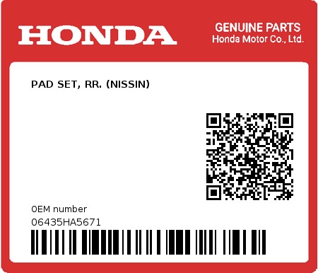 Product image: Honda - 06435HA5671 - PAD SET, RR. (NISSIN)  0