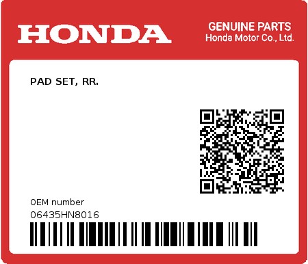 Product image: Honda - 06435HN8016 - PAD SET, RR.  0