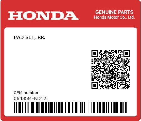 Product image: Honda - 06435MFND12 - PAD SET, RR.  0