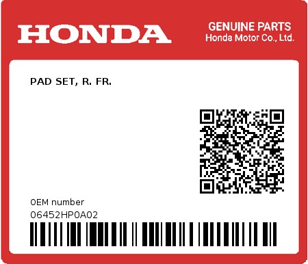 Product image: Honda - 06452HP0A02 - PAD SET, R. FR.  0