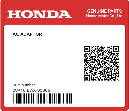 Product image: Honda - 08A40-EWX-00006 - AC ADAPTOR  0