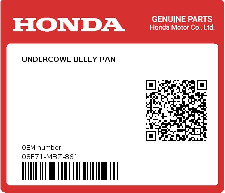 Product image: Honda - 08F71-MBZ-861 - UNDERCOWL BELLY PAN  0