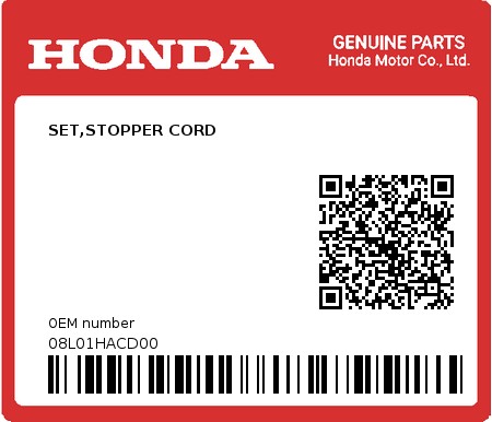 Product image: Honda - 08L01HACD00 - SET,STOPPER CORD  0