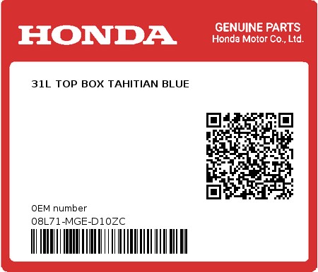 Product image: Honda - 08L71-MGE-D10ZC - 31L TOP BOX TAHITIAN BLUE  0