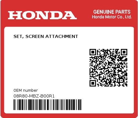 Product image: Honda - 08R80-MBZ-B00R1 - SET, SCREEN ATTACHMENT  0