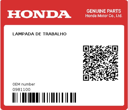 Product image: Honda - 0981100 - LAMPADA DE TRABALHO  0