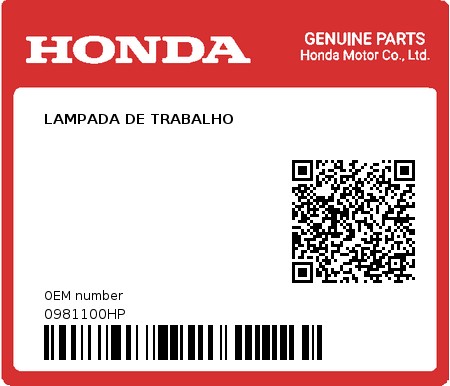 Product image: Honda - 0981100HP - LAMPADA DE TRABALHO  0