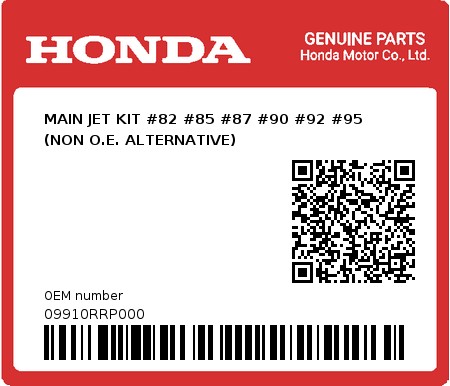 Product image: Honda - 09910RRP000 - MAIN JET KIT #82 #85 #87 #90 #92 #95 (NON O.E. ALTERNATIVE)  0