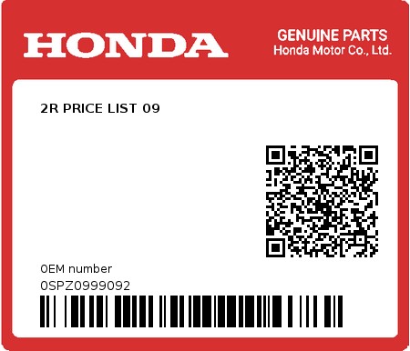 Product image: Honda - 0SPZ0999092 - 2R PRICE LIST 09  0