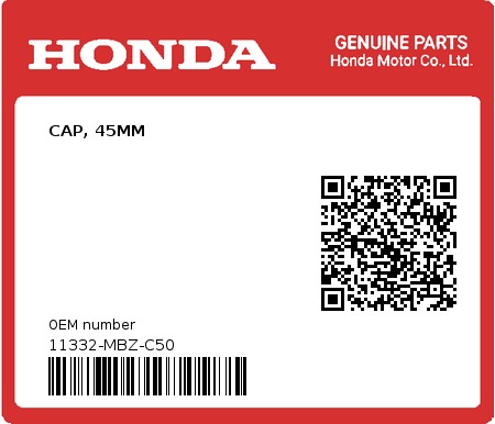 Product image: Honda - 11332-MBZ-C50 - CAP, 45MM  0