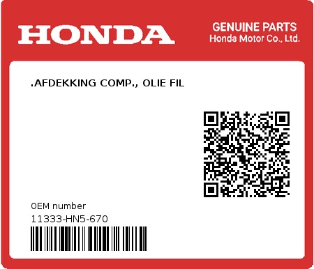 Product image: Honda - 11333-HN5-670 - .AFDEKKING COMP., OLIE FIL  0