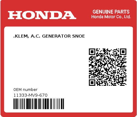 Product image: Honda - 11333-MV9-670 - .KLEM, A.C. GENERATOR SNOE  0