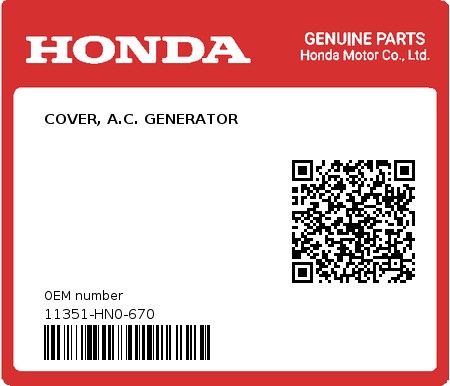 Product image: Honda - 11351-HN0-670 - COVER, A.C. GENERATOR  0