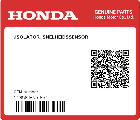 Product image: Honda - 11358-HN5-651 - .ISOLATOR, SNELHEIDSSENSOR  0